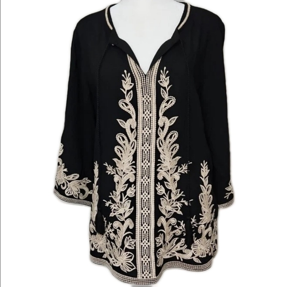 Solitaire Tops - Solitaire Womens Black/Cream Embroidered Boho Tunic Blouse Size L